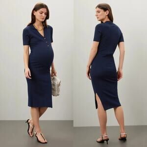 Ripe Maddy Polo Maternity Dress Knit Short Sleeve Side Slit Midi Navy Blue M